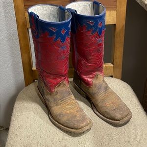 Kid's Olathe Red & Blue Spider Web Cowboy Boots. Size 2